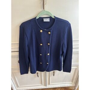 Vintage Liz Claiborne Navy Blue Knit‎ Skirt Suit Gold Button Accents Med Career